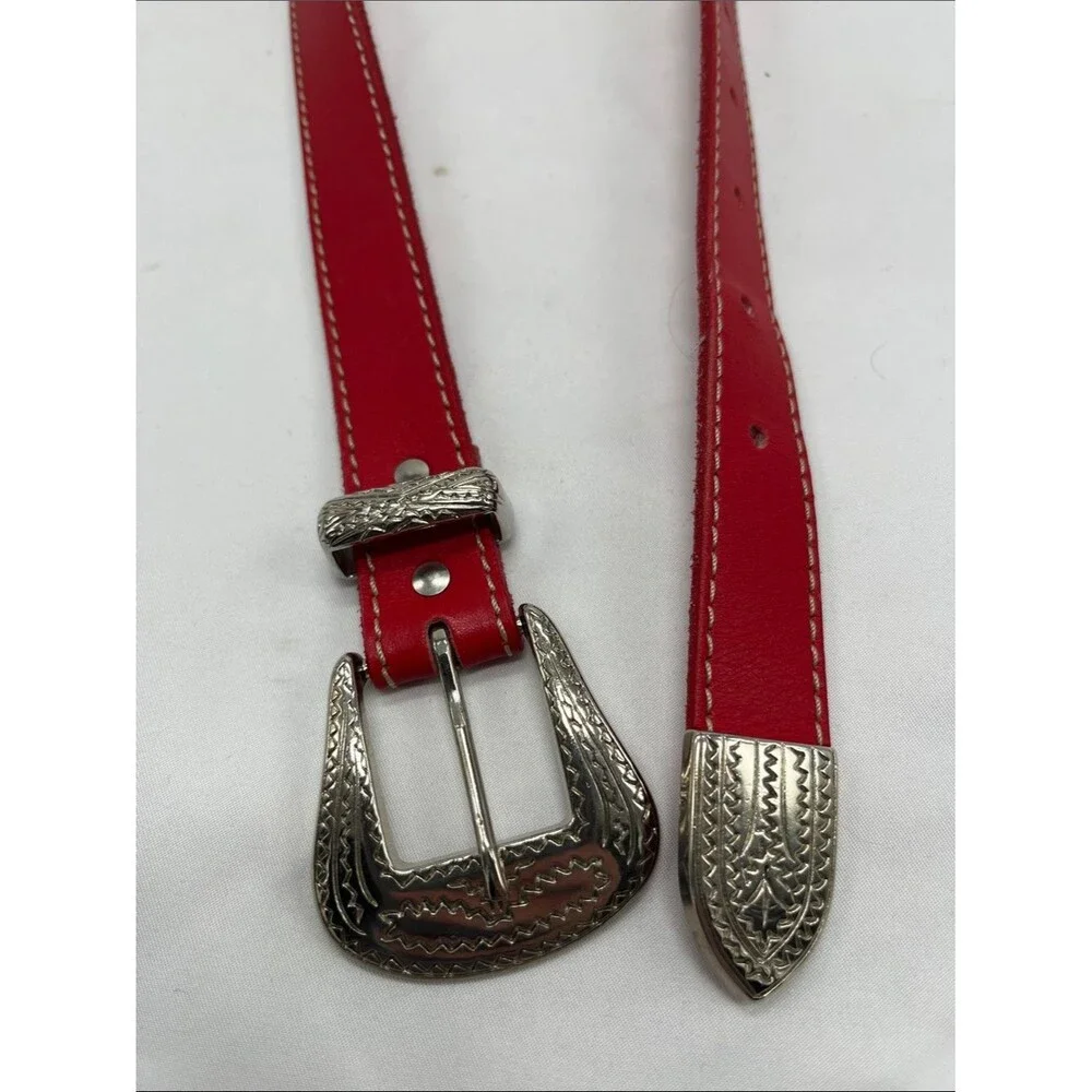 Red Genuine Leather Skinny Belt with Silver Toned Metal Buckle